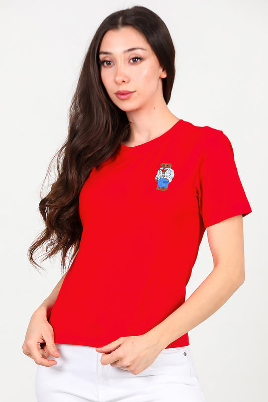 Kadın Ön Nakışlı Kısa Tshirt Kırmızı