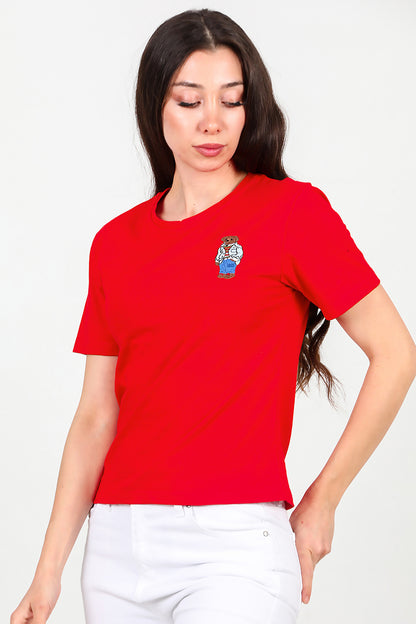 Kadın Ön Nakışlı Kısa Tshirt Kırmızı