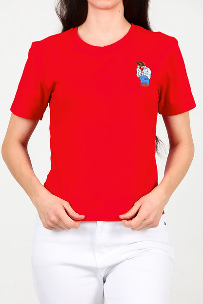 Kadın Ön Nakışlı Kısa Tshirt Kırmızı