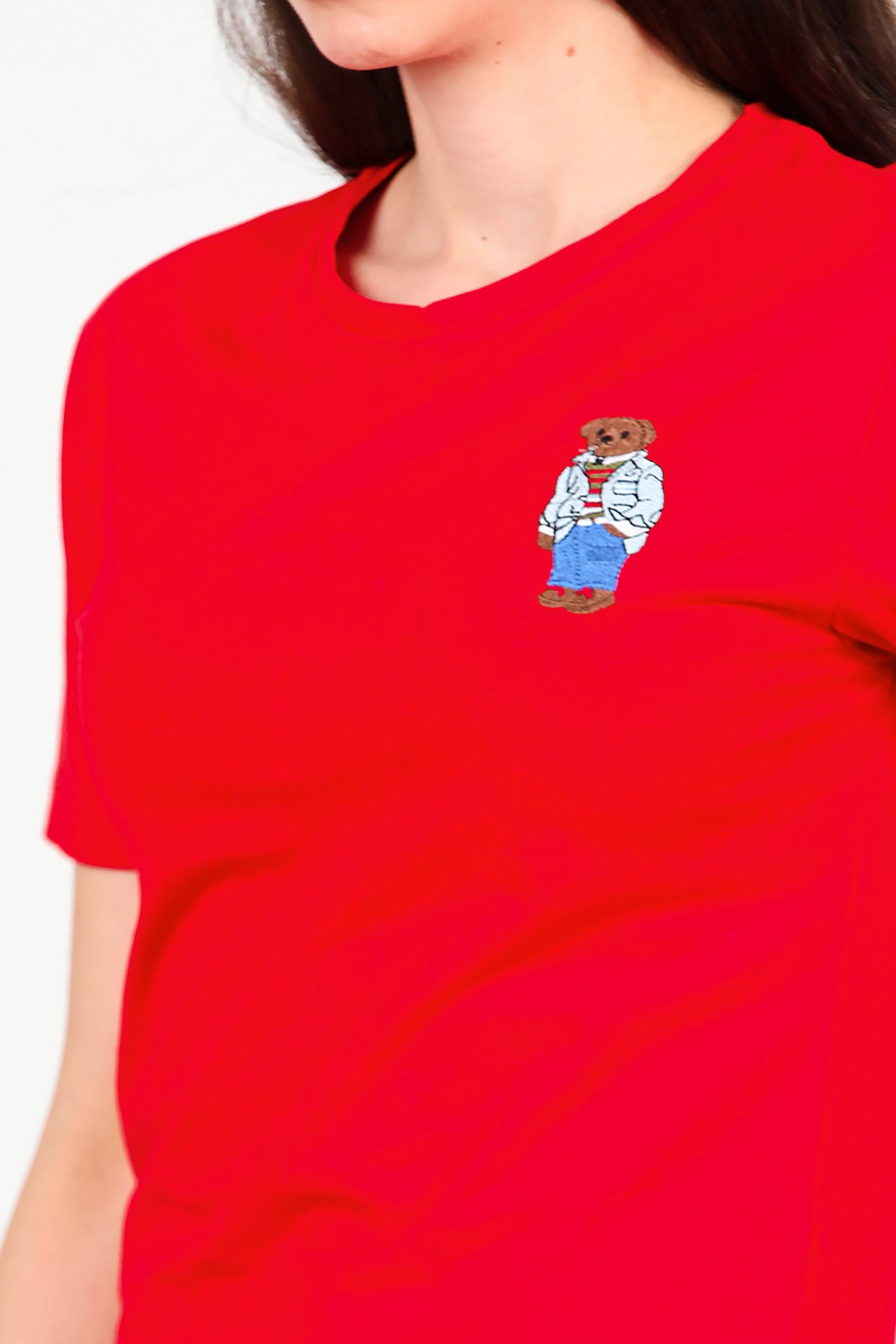 Kadın Ön Nakışlı Kısa Tshirt Kırmızı