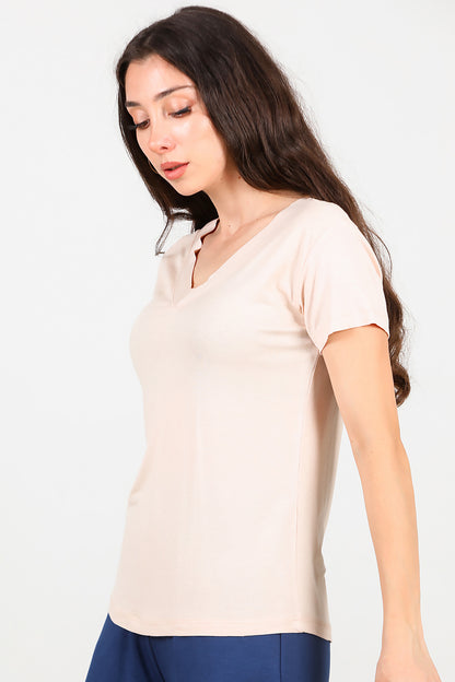 Kadın V Yaka T-shirt Bej