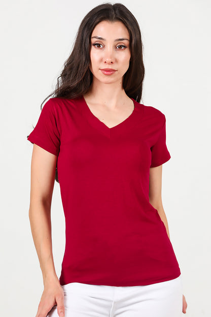 Kadın V Yaka T-shirt Bordo