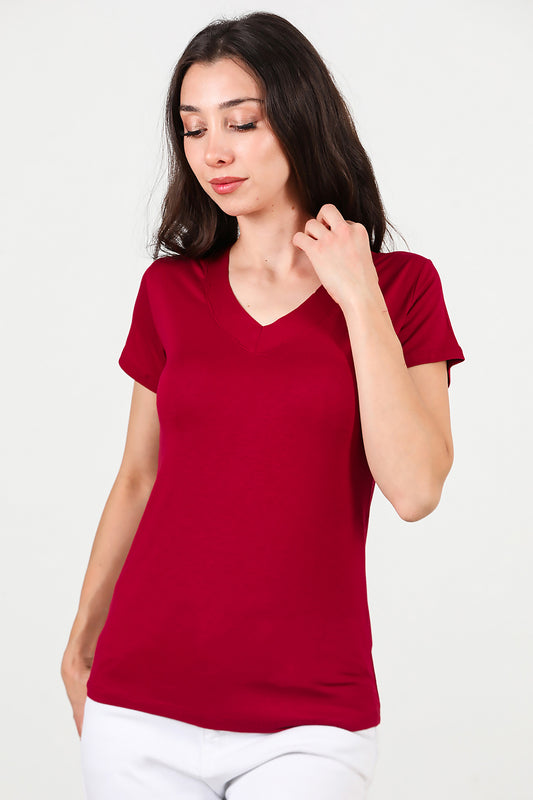 Kadın V Yaka T-shirt Bordo