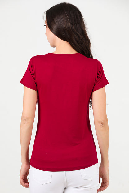 Kadın V Yaka T-shirt Bordo