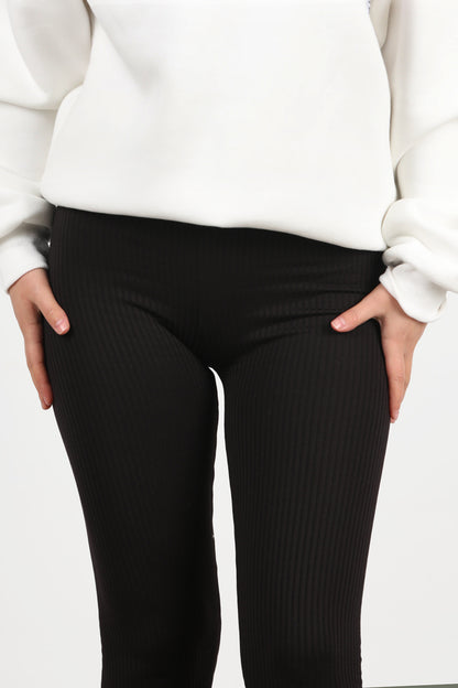 Ribvibe Kadın Önü V Yüksek Bel Kalın Fitilli Tayt Siyah