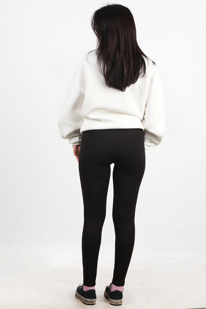 Ribvibe Kadın Önü V Yüksek Bel Kalın Fitilli Tayt Siyah