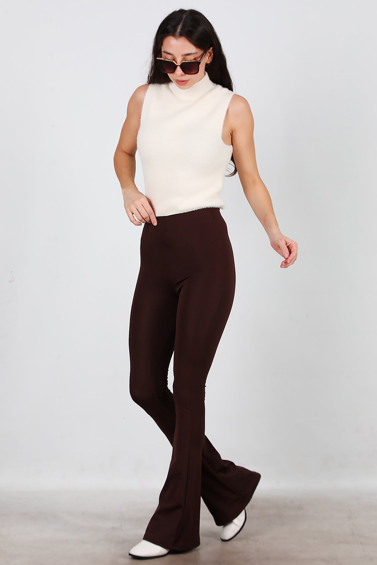 Kadın Kalın Lastikli İspanyol Paça Tayt Kahverengi