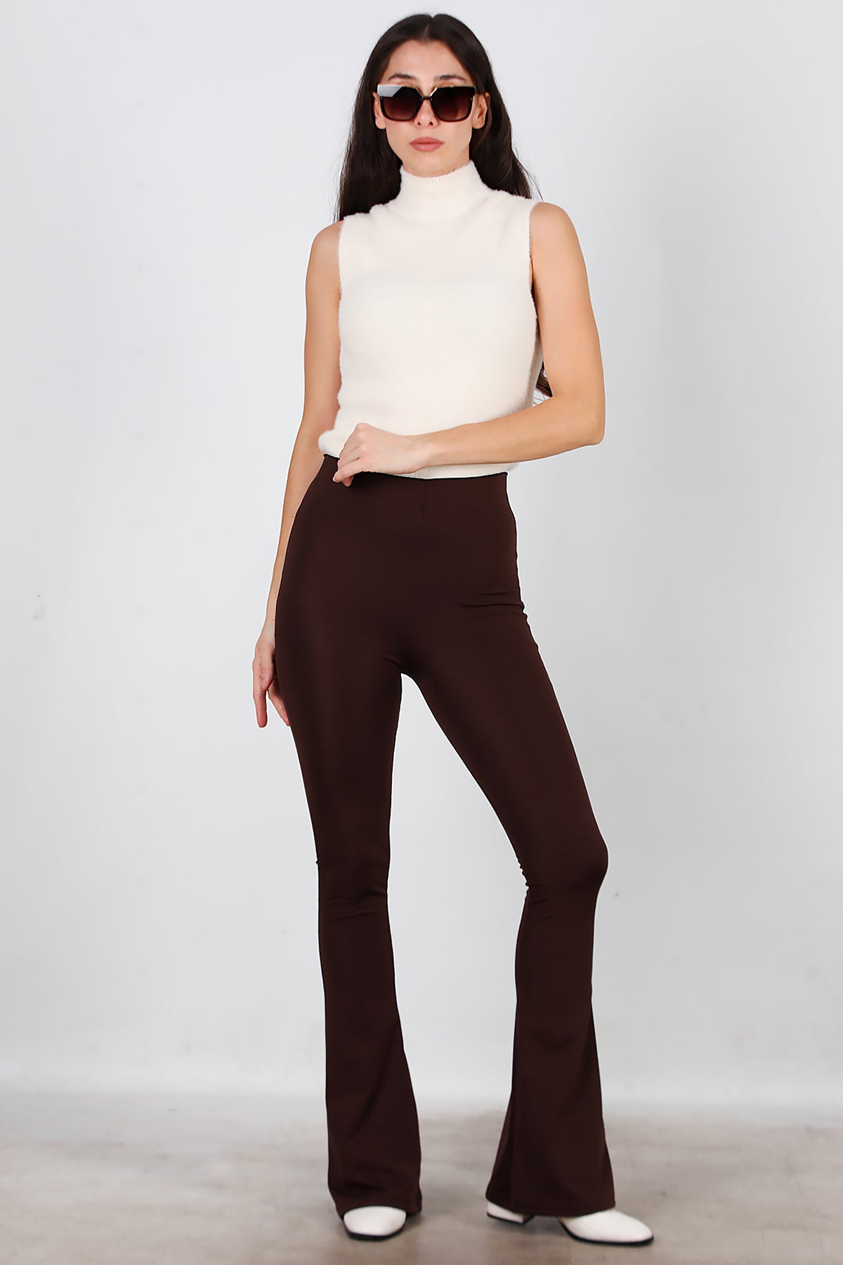 Kadın Kalın Lastikli İspanyol Paça Tayt Kahverengi