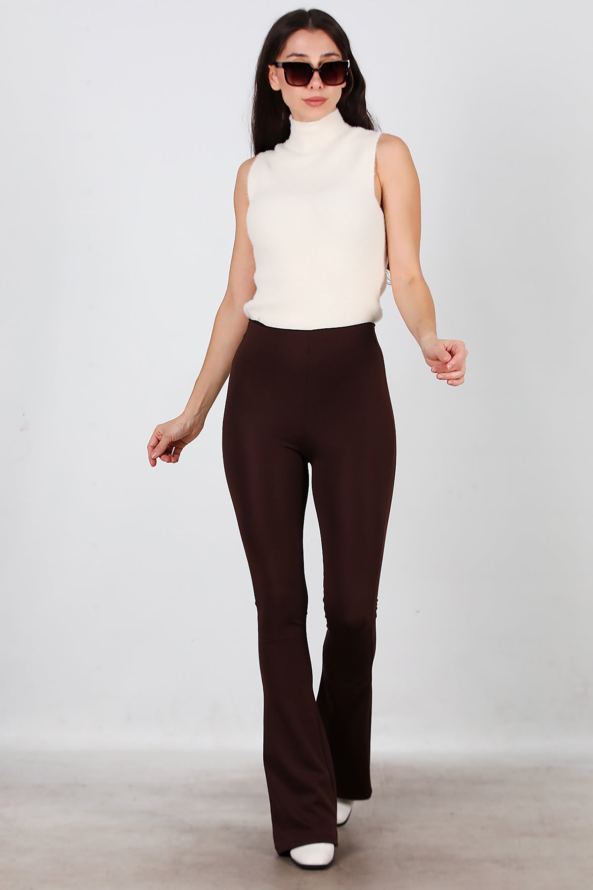 Kadın Kalın Lastikli İspanyol Paça Tayt Kahverengi