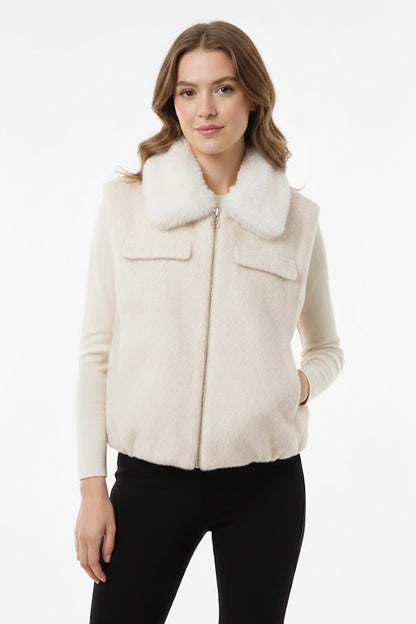 Kadın Kürklü Kısa Yelek Ekru
