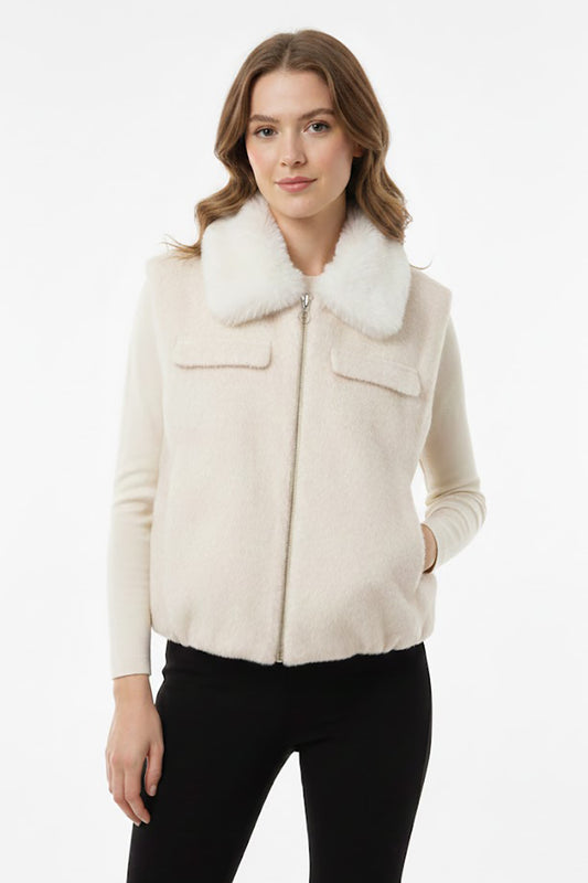 Kadın Kürklü Kısa Yelek Ekru