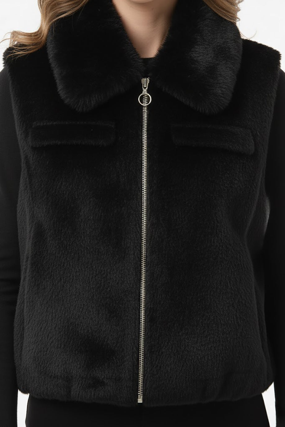 Kadın Kürklü Kısa Yelek Siyah