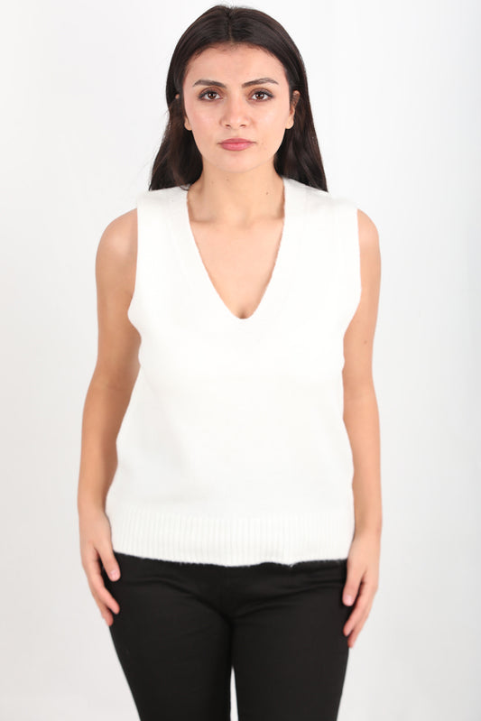 Chic Kadın V Yaka Süveter Ekru