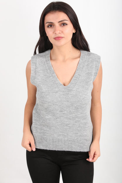 Chic Kadın V Yaka Süveter Gri