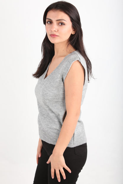 Chic Kadın V Yaka Süveter Gri