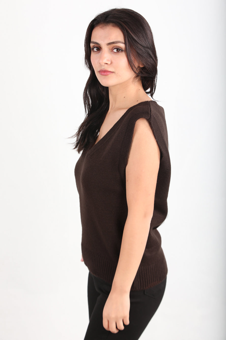 Chic Kadın V Yaka Süveter Kahverengi