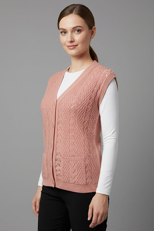 Büyük Beden Örgü Yelek Pudra