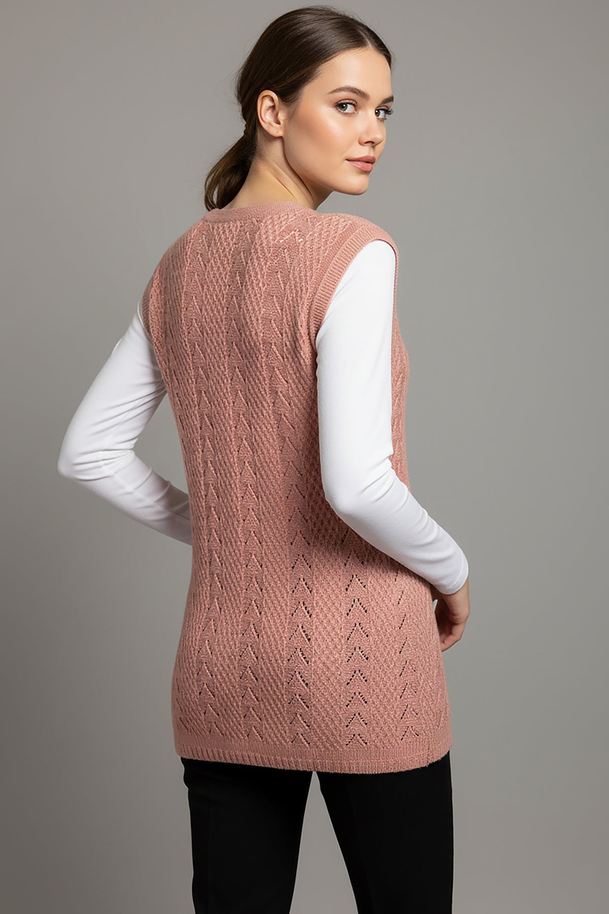 Büyük Beden Örgü Yelek Pudra