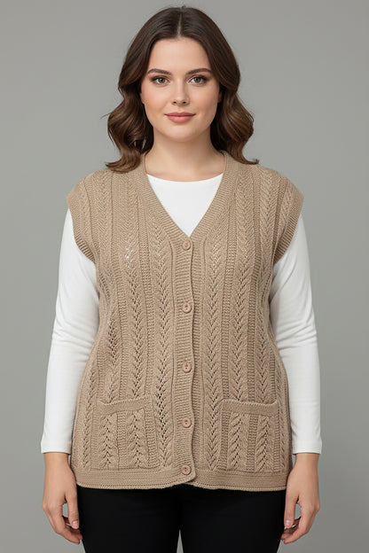 Büyük Beden Örgü Yelek Vizon