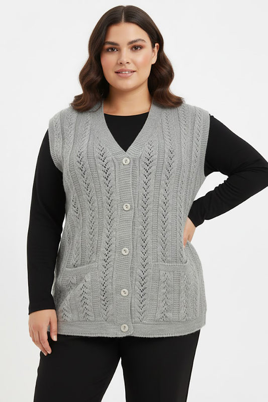 Knitera Büyük Beden Örgü Yelek Gri