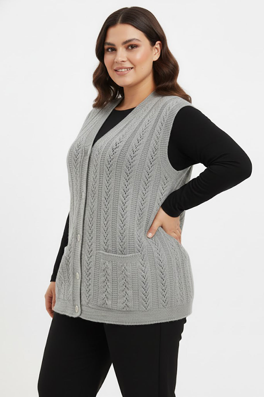 Knitera Büyük Beden Örgü Yelek Gri