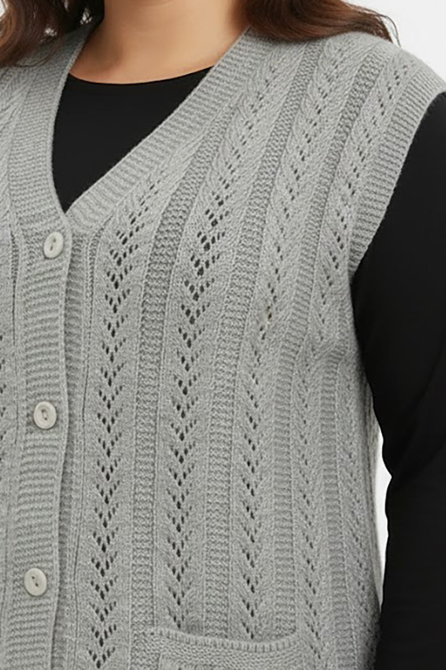 Knitera Büyük Beden Örgü Yelek Gri