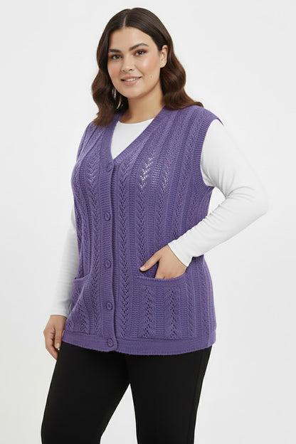 Knitera Büyük Beden Örgü Yelek Lila