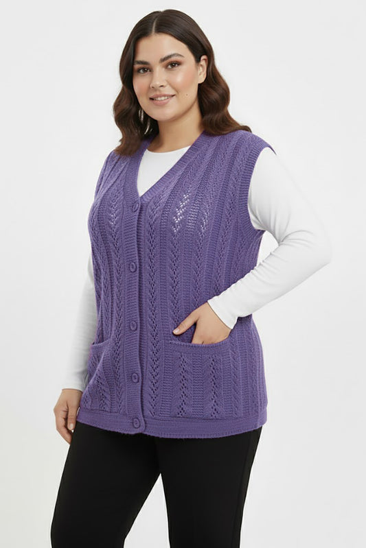 Knitera Büyük Beden Örgü Yelek Lila