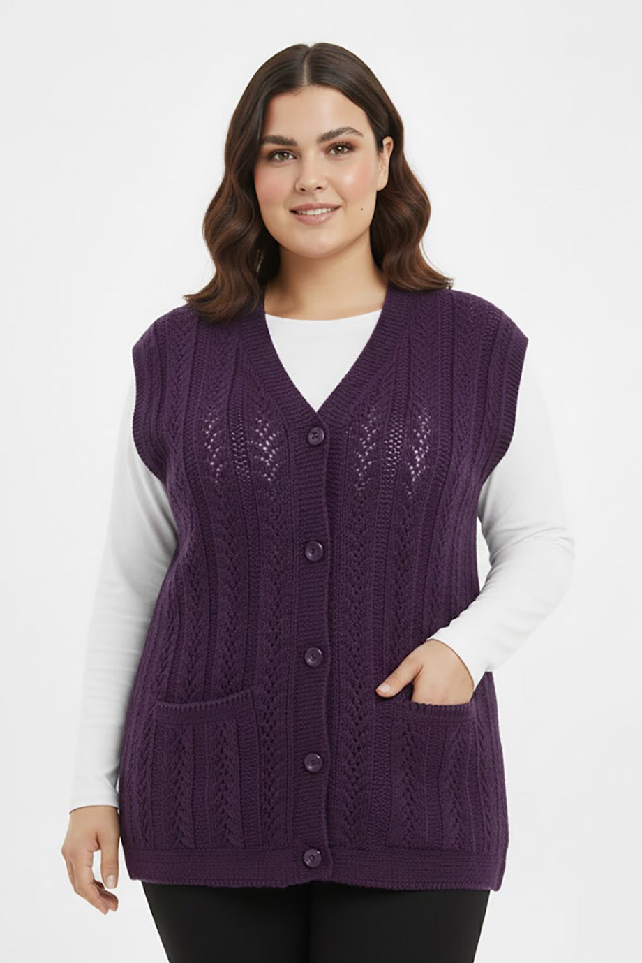 Knitera Büyük Beden Örgü Yelek Mor
