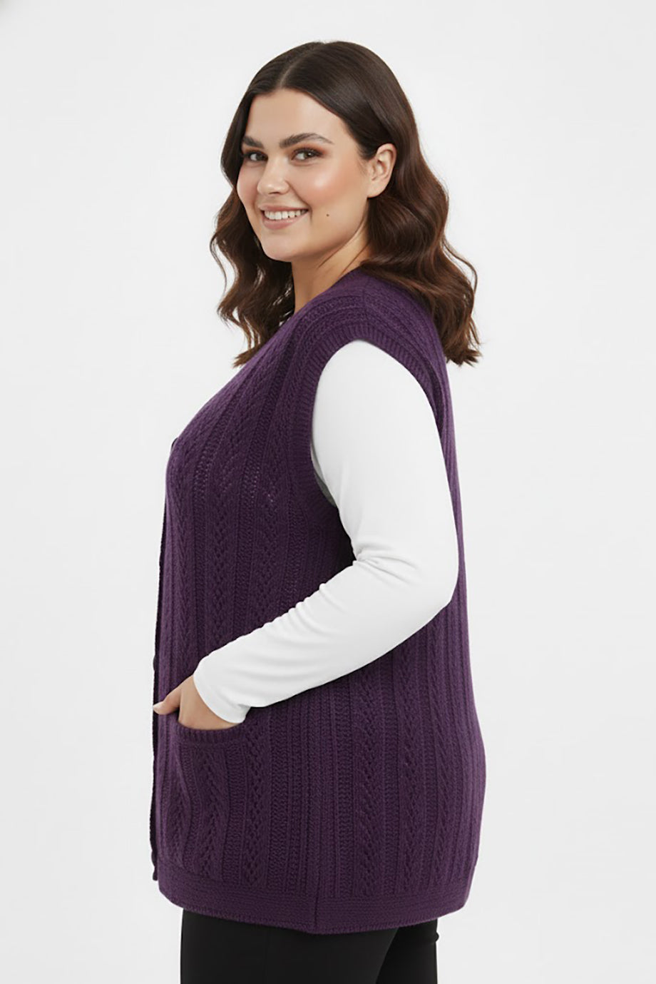 Knitera Büyük Beden Örgü Yelek Mor