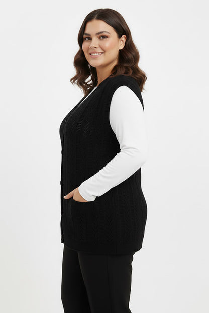 Knitera Büyük Beden Örgü Yelek Siyah