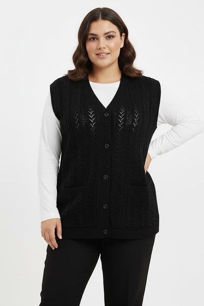 Knitera Büyük Beden Örgü Yelek Siyah