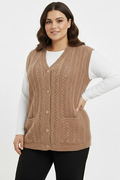 Knitera Büyük Beden Örgü Yelek Vizon