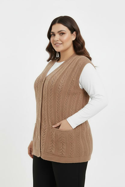 Knitera Büyük Beden Örgü Yelek Vizon