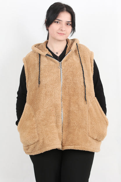 Büyük Beden Fermuarlı Kapşonlu Peluş Yelek Bej