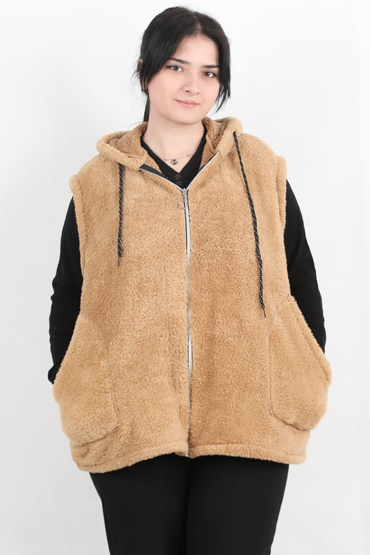 Büyük Beden Fermuarlı Kapşonlu Peluş Yelek Bej