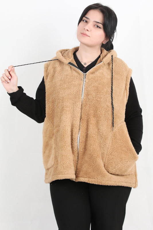 Büyük Beden Fermuarlı Kapşonlu Peluş Yelek Bej