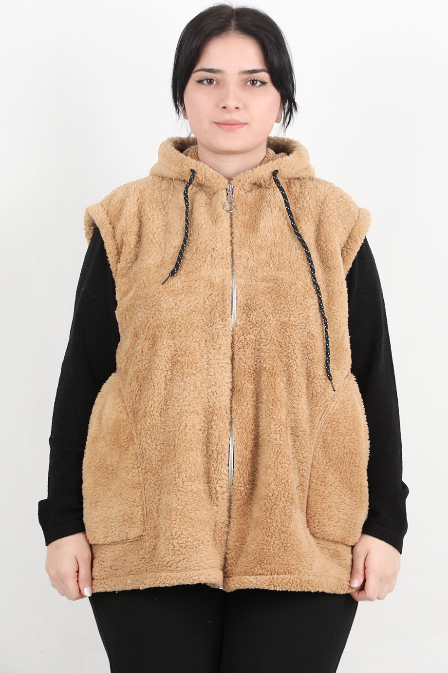 Büyük Beden Fermuarlı Kapşonlu Peluş Yelek Bej