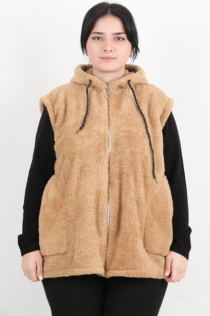Büyük Beden Fermuarlı Kapşonlu Peluş Yelek Bej