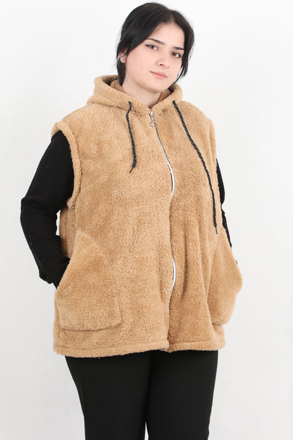 Büyük Beden Fermuarlı Kapşonlu Peluş Yelek Bej