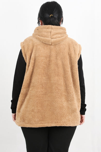 Büyük Beden Fermuarlı Kapşonlu Peluş Yelek Bej