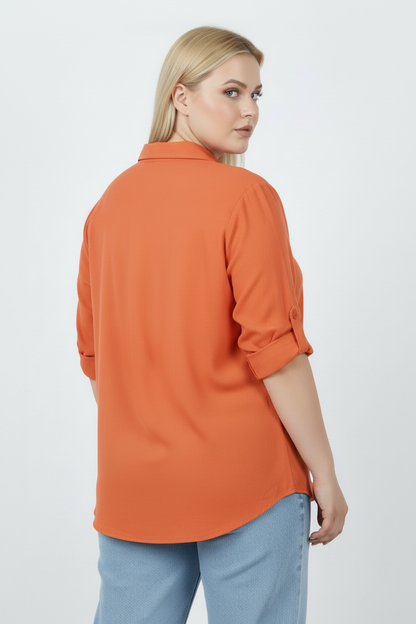 Serene Büyük Beden Kol Katlamalı Gömlek Turuncu