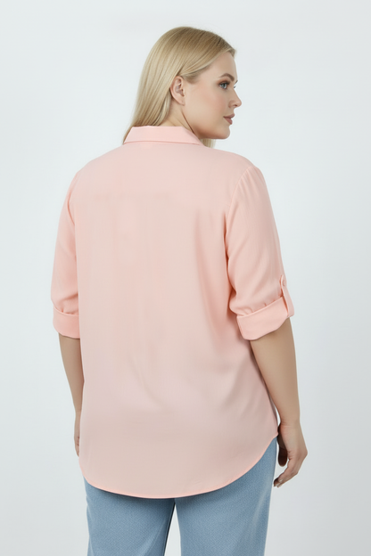 Serene Büyük Beden Kol Katlamalı Gömlek Pudra