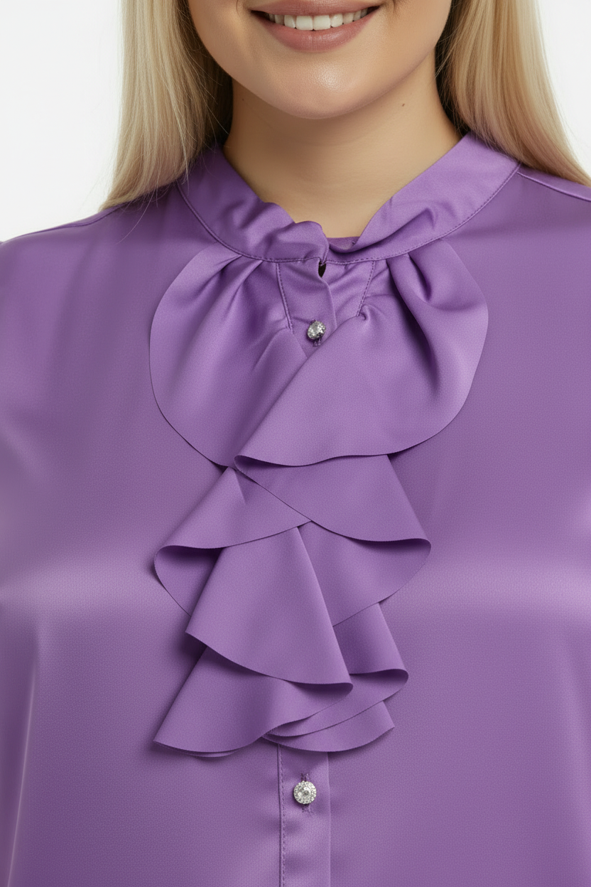 CHIC Büyük Beden Ön Düğmeli Fırfır Detay Kolsuz Bluz Lila