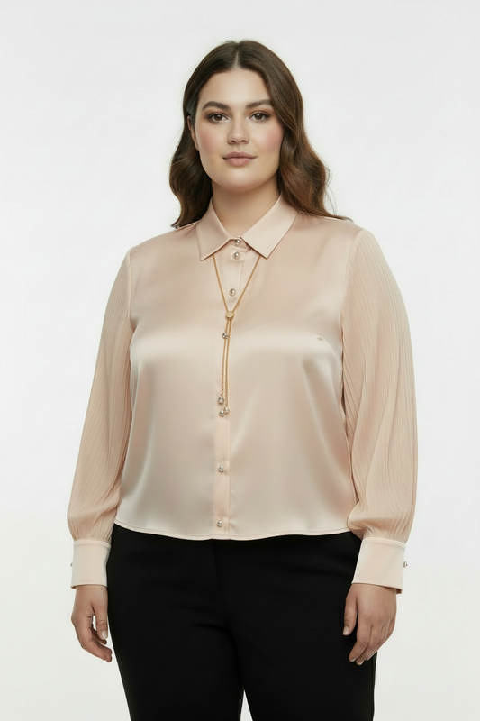 Opulent Büyük Beden Kristal Düğmeli Kolyeli Pileli Manşet Krem Saten Gömlek