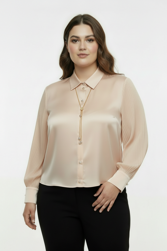 Opulent Büyük Beden Kristal Düğmeli Kolyeli Pileli Manşet Krem Saten Gömlek