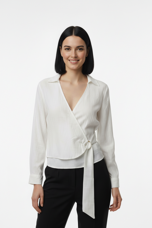 WRAP Kadın Müslim Tencel Kumaş Detaylı Bluz Ekru