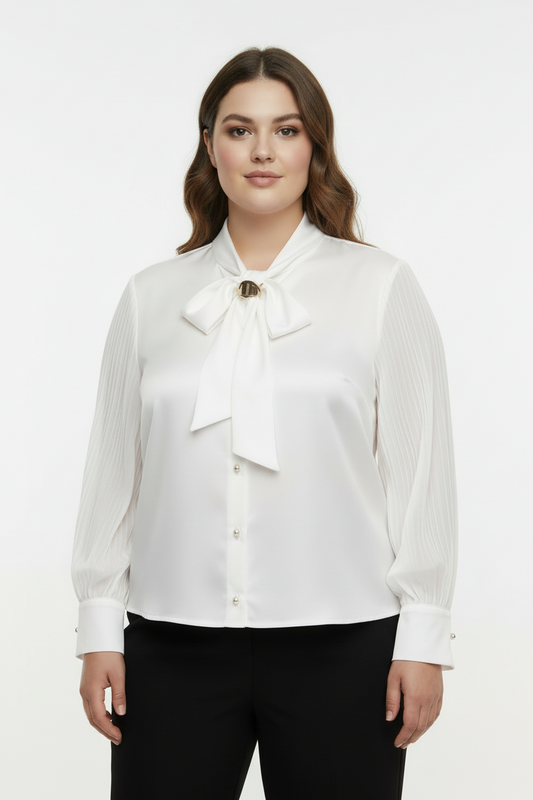 Bow Büyük Beden Fularlı Ön Düğmeli Bluz Beyaz