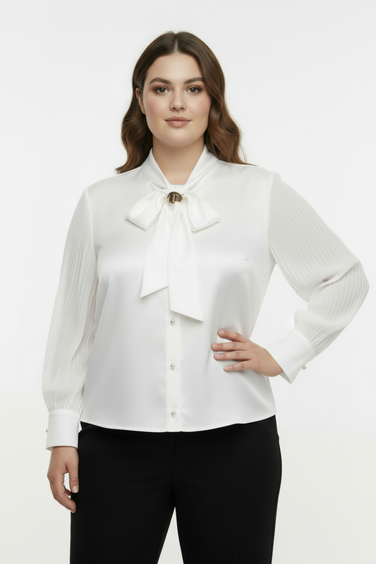 Bow Büyük Beden Fularlı Ön Düğmeli Bluz Beyaz