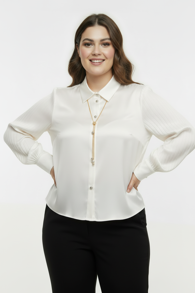 Opulent Büyük Beden Kristal Düğmeli Kolyeli Pileli Manşet Beyaz Saten Gömlek